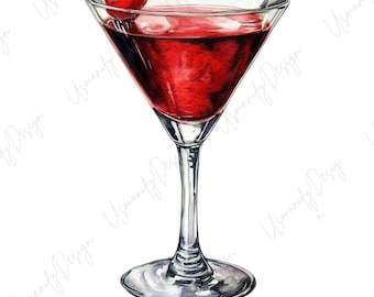 Paquete de 18 imágenes prediseñadas de cócteles de acuarela, vasos PNG, ilustraciones de bebidas de bar, arte de bebidas para fiestas, pegatinas para álbumes de recortes, conjunto PNG de alta calidad