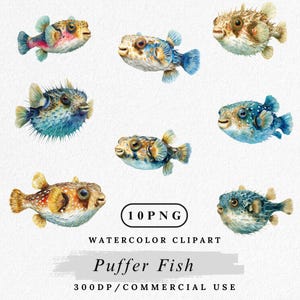 Puede incluir: Clipart de acuarela de nueve peces globo en varios colores y patrones. Los peces tienen cuerpos espinosos y están en tonos de azul, marrón, amarillo y rosa. La imagen incluye el texto "10 PNG", "Watercolor Clipart", "Puffer Fish" y "300DP/COMMERCIAL USE".