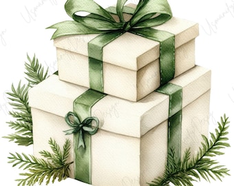 13 Watercolor Gift Box Clipart, Green Ribbon Present, Holiday PNG, Wedding Decor, Junk Journal, Paper Craft, Winter Art, High Quality PNGs