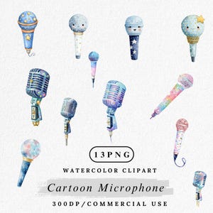 Puede incluir: Clipart de acuarela con varios micrófonos de dibujos animados en tonos azules, rosas y morados. Algunos micrófonos tienen patrones de estrellas y puntos. La imagen incluye el texto "Cartoon Microphone" y "300DP/COMMERCIAL USE".