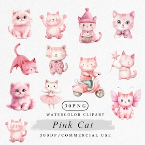 Pink cat clipart, cute pink kitten PNG, kawaii cat illustration, watercolor pink cat art, pastel kitten clipart bundle,cartoon cat character