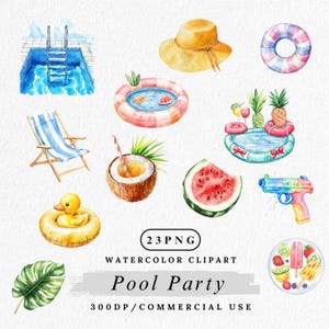 Könnte beinhalten: Aquarell-Clipart-Set mit Poolparty-Elementen, darunter ein Pool, ein Liegestuhl, eine Kokosnuss, eine Wassermelone, eine Wasserpistole, ein Teller mit Obst, ein Hut, ein Schwimmring und ein Pool-Schwimmring. 23 PNG-Dateien, 300 DPI, für kommerzielle Nutzung.