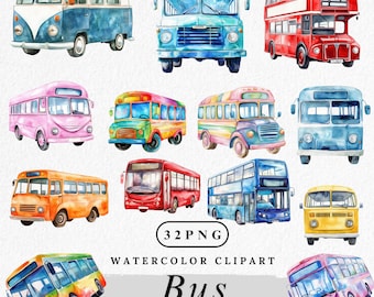 Watercolor Bus Clipart: 32 PNG Graphics (Commercial Use, Digital Download