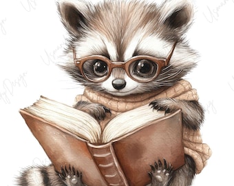 19 Watercolor Reading Raccoon Art, Book Lover Raccoon Clipart Set, Cozy Study Animal, Scrapbook, Junk Journal, Paper Craft, High Quality PNG