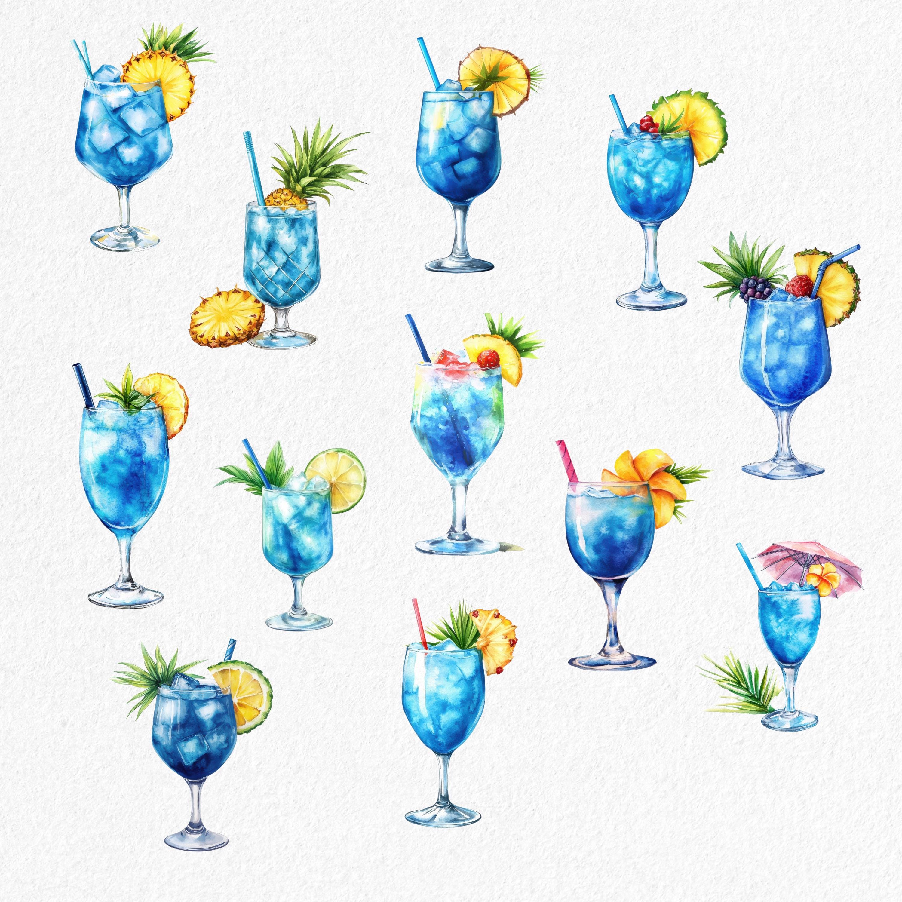 水彩ブルーカクテルクリップアート：トロピカルドリンクのイラスト