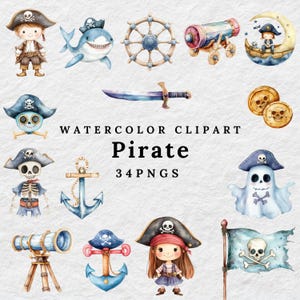 Pirate Watercolor Clipart, Nautical Adventure PNG, Pirate Nursery Decor, Skull and Crossbones, Ghost Pirate, Anchor, Digital Download