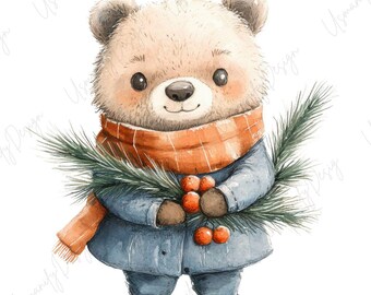 10 Watercolor Winter Teddy Bear Art, Cute Baby Bear Clipart Set, Cozy Nursery Animal, Scrapbook, Junk Journal, Paper Craft, High Quality PNG