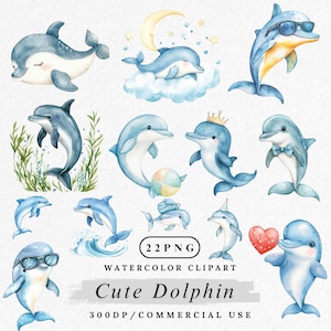 Dolphin Clipart Bundle, Cute Dolphin PNG, Watercolor Sea Animal png, Ocean Animal Clip Art, Baby Dolphin Graphics, Under the Sea Decor