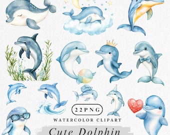 Bundle de cliparts dauphin, dauphin mignon PNG, aquarelle animaux marins png, clipart animaux océan, graphiques bébé dauphin, décor sous la mer