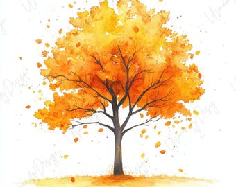 11 Watercolor Autumn Tree Clipart, Fall Tree JPG Art, Seasonal Nature Illustration, Yellow Orange Tree Art, Junk Journal, Printable Wall Art