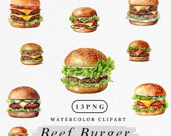 水彩バーガークリップアート：チーズバーガーとグリルビーフ（デジタルダウンロード、PNG 13 枚）