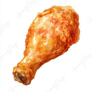 Peut inclure: Illustration à l'aquarelle d'une cuisse de poulet frit. Le poulet a un extérieur croustillant brun doré et un os brun clair. L'image est sur fond blanc.