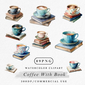 Kaffee und Buch Clipart Bundle: Aquarell Kawaii Grafik (Digitaler Download)