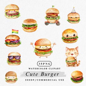 ハンバーガークリップアートPNG、かわいい漫画のハンバーガーキャラクター、かわいいファーストフードのイラスト、水彩画のハンバーガーアート、楽しい食べ物クリップアート、デジタルダウンロード