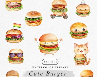 Clipart di hamburger in formato PNG, simpatici personaggi dei cartoni animati di hamburger, illustrazione di fast food kawaii, arte di hamburger ad acquerello, clipart di cibo divertente, download digitale