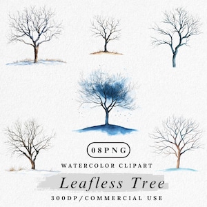 May include: Watercolor clipart featuring six leafless trees in various styles. The trees have brown and black trunks with delicate branches, some with a touch of snow or ground cover. The image includes the text "Leafless Tree" and "Watercolor Clipart".