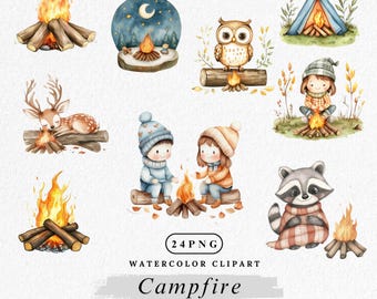 Campfire Clipart with Cute Animal Characters 24 PNGs Kawaii Camping Animals, Bonfire Cliparts, Forest Friends, Tent Fire Art for Kids, Camp