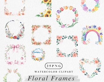 May include: A set of 25 watercolour floral frames, ideal for adding a touch of nature to your designs. The frames feature a variety of flowers, leaves, and other botanical elements, all rendered in a delicate and whimsical style. The frames are 300 DPI and are perfect for commercial use.