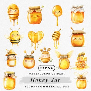 Pode incluir: Um conjunto de 23 imagens de clipart de aquarela com potes de mel, favos de mel, abelhas e mel pingando. As imagens são em estilo de desenho animado e são perfeitas para projetos de artesanato, scrapbooking e design digital.