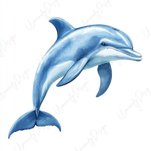 May include: Watercolor illustration of a dolphin in shades of blue. The dolphin is depicted in a dynamic pose, with its body curved and tail raised. The artwork has a soft, aquatic feel, perfect for ocean-themed decor or art prints.