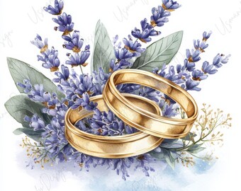 11 Wedding Rings Clipart, Watercolor Gold Rings with Flowers, Bridal Floral Art, Wedding Decor, Junk Journal, High-Quality JPGs, Paper Craft