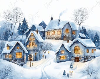 May include: Watercolor painting of a snow-covered village with blue-gray houses and warm, glowing windows. Bare trees and evergreen trees dot the landscape. A path winds through the snow, leading to the village. Snowflakes fall gently, creating a serene winter scene.