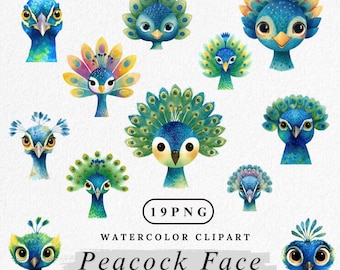 Kawaii Peacock Face Clipart: Watercolor Bird Graphics (PNG Digital Download)