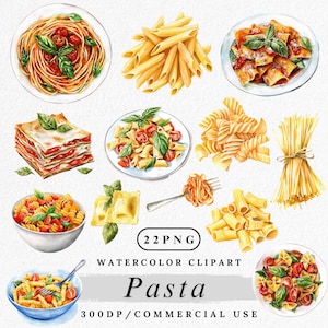 Pasta Clipart, Watercolor Pasta PNG, Italian Food Clip Art, Spaghetti PNgs, Penne and Fusilli Graphics, Cute Food Clipart, Commercial Use