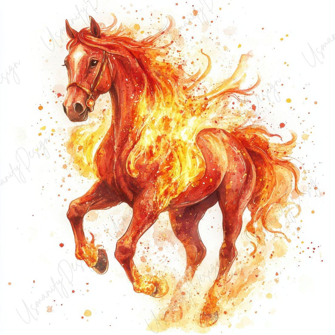 11 Watercolor Fire Horse Clipart JPG, Flaming Horse Illustration ...