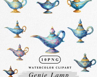 Watercolor Genie Lamp Clipart: Arabian Nights Illustration (Digital Download PNG Bundle)