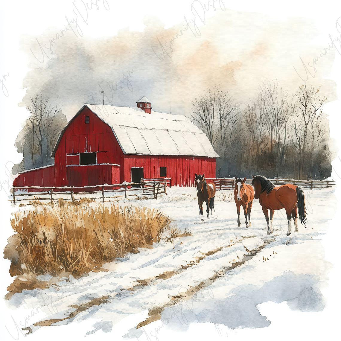 9 Winter Horse Farm Clipart, Rustic Red Barn Watercolor Scene, Snow ...