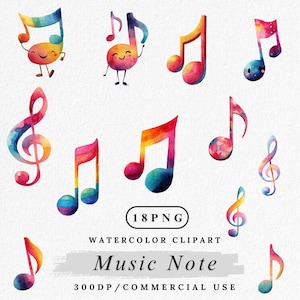 May include: Watercolor clipart of musical notes in various colors, including red, yellow, blue, and purple. Some notes have smiling faces. The text "Music Note" is displayed below the notes.