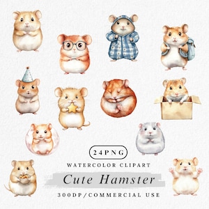 May include: A set of 24 watercolor clipart images of cute hamsters in various poses and outfits. The hamsters are depicted in a variety of colors, including brown, gray, white, and blue. The clipart is perfect for adding a touch of whimsy to your projects.