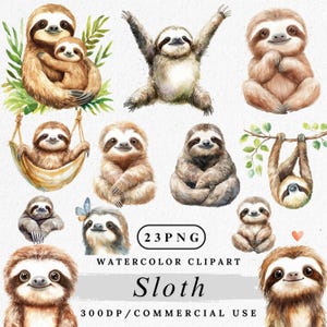 Sloth Clipart, Watercolor Sloth PNG, Jungle Animal Clip Art, Cute Sloth Illustration, Baby Sloth Clipart, Hanging Sloth PNG, Paper Crafting