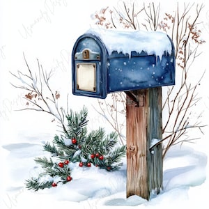 May include: Watercolor painting of a blue mailbox covered in snow, mounted on a weathered wooden post. A small evergreen bush with red berries sits in the snow in front of the mailbox. Bare tree branches are in the background.