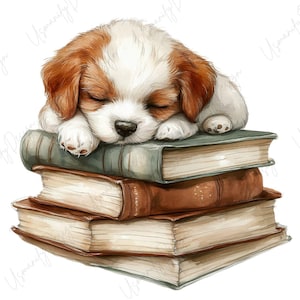 May include: A watercolor illustration of a sleeping puppy with brown and white fur, resting on a stack of old books. The books have aged, textured covers in shades of brown and green, creating a cozy and literary theme.