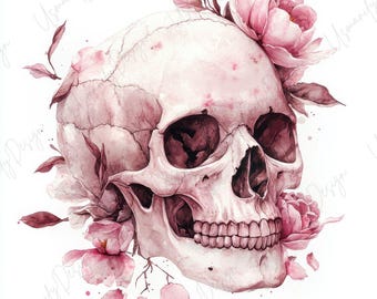 May include: Watercolor illustration of a human skull adorned with pink flowers and leaves. The skull is a pale pink color, with detailed cracks and shadows. The flowers are a vibrant pink, creating a contrast against the skull.