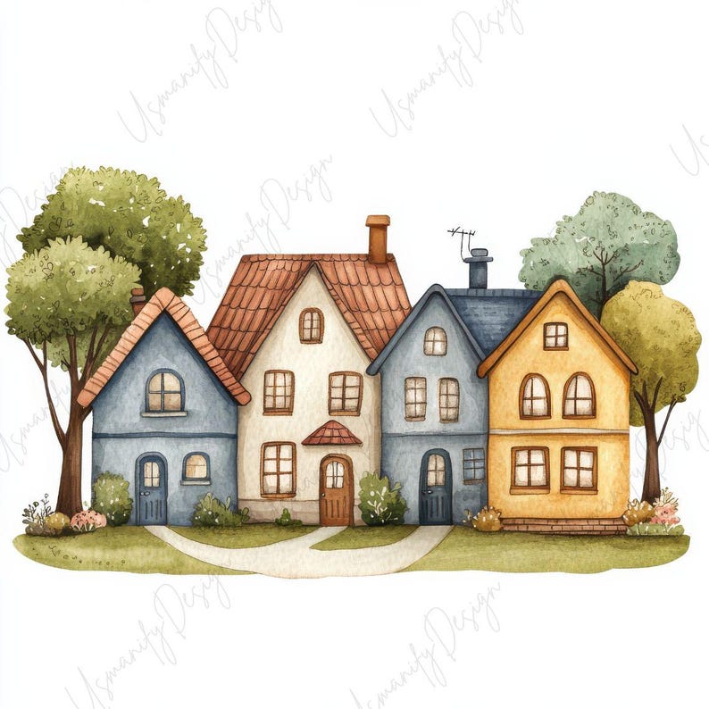 20 Watercolor Pastel Houses Clipart JPG, Cute Village Cottage ...