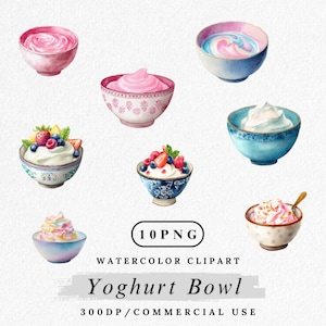 Yoghurt Bowl Clipart, Watercolor Yogurt PNG, Breakfast Food Illustration, Healthy Snack Clip Art, Fruit Yogurt Bowl Graphics, Kitchen Decor