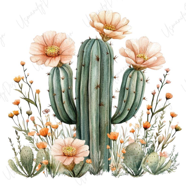 May include: Watercolor illustration of a saguaro cactus with peach-colored flowers and orange wildflowers. The cactus is a muted green color, and the flowers have yellow centers. The image has a white background and a desert theme.