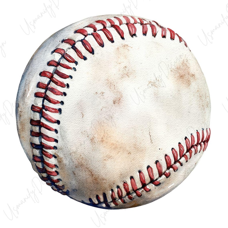 May include: A watercolor illustration of a baseball. The ball is white with red stitching and has a slightly aged appearance. The stitching is a vibrant red, and the ball has subtle brown shading.