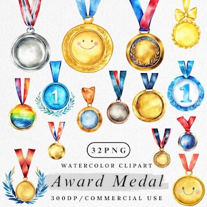May include: Watercolor clipart of various award medals. The medals are in gold, silver, and bronze, with colorful ribbons. Some medals have a number 1, a smiley face, or a laurel wreath. The text "Award Medal" is also present.
