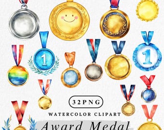 Watercolor Award Medal Clipart: Gold, Silver, Bronze (PNG Digital Download)