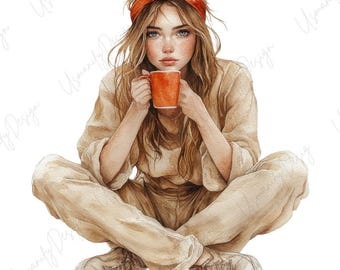 12 Watercolor Cozy Girl Art, Aesthetic Woman Clipart with Coffee, Autumn Lifestyle, Scrapbook, Junk Journal, Paper Craft, High Quality PNG