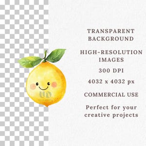 Peut inclure: Une illustration aquarelle d'un citron jaune avec un visage souriant et des feuilles vertes. Le citron est isol&eacute; sur un fond transparent.