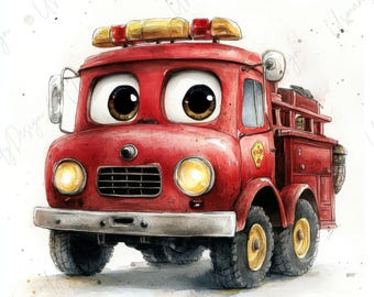 6 Fire Truck Clipart, Watercolor Cute Fire Engine, Kids Room Decor, Nursery Vehicle Art, Junk Journal, High-Quality JPGs for Crafts