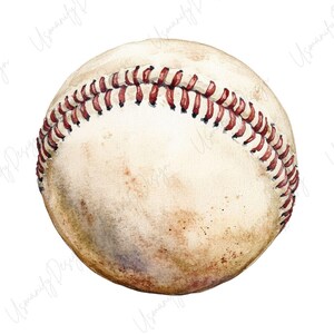 May include: Watercolor illustration of a baseball. The ball is off-white with red stitching. The baseball has a distressed, vintage look with brown spots and shading.