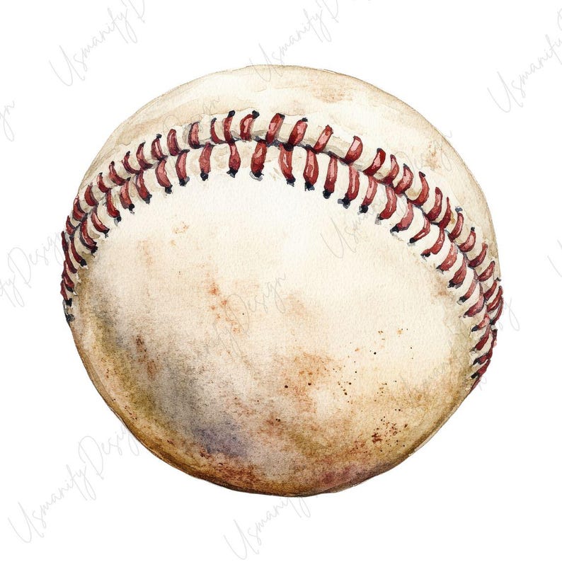 May include: Watercolor illustration of a baseball. The ball is off-white with red stitching. The baseball has a distressed, vintage look with brown spots and shading.