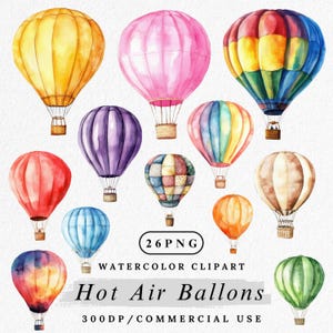 Watercolor Hot Air Balloon Clipart: Sky Adventure PNG (Commercial Use, Digital Download, 26 Files)