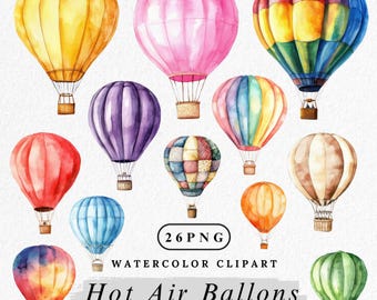 Watercolor Hot Air Balloon Clipart: Sky Adventure PNG (Commercial Use, Digital Download, 26 Files)